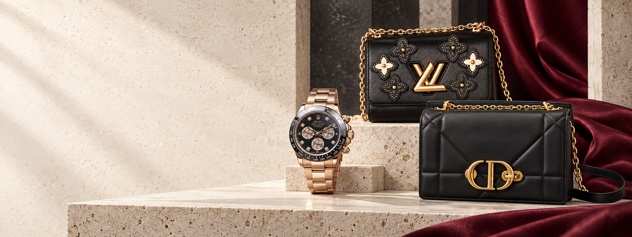 ロレックス腕時計、ルイヴィトンとディオールのバッグを配した人気ブランドコレクション